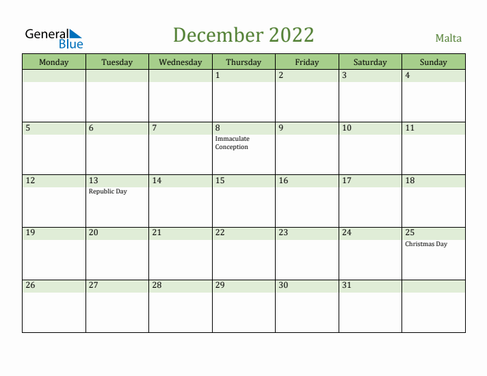 December 2022 Calendar with Malta Holidays