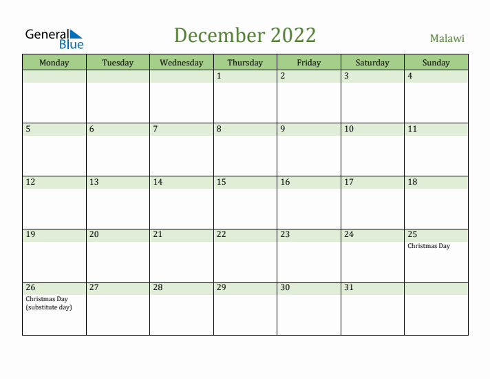December 2022 Calendar with Malawi Holidays