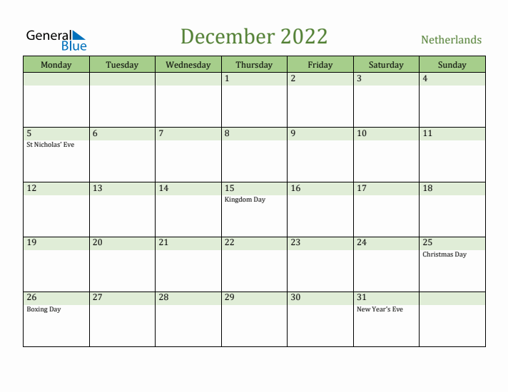 December 2022 Calendar with The Netherlands Holidays
