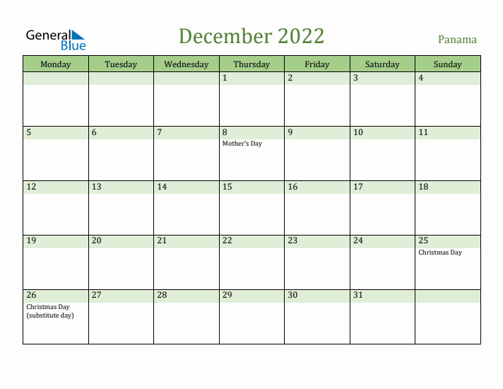 December 2022 Calendar with Panama Holidays