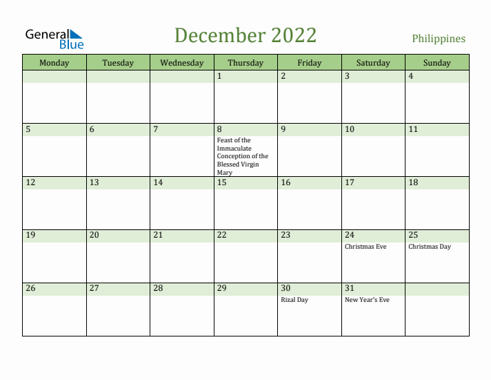 December 2022 Calendar with Philippines Holidays