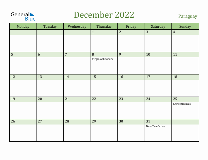 December 2022 Calendar with Paraguay Holidays