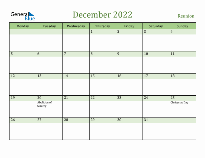December 2022 Calendar with Reunion Holidays