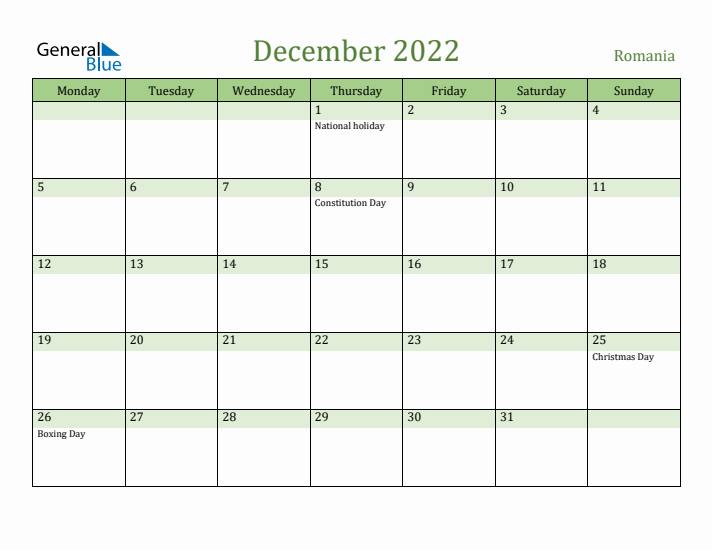 December 2022 Calendar with Romania Holidays