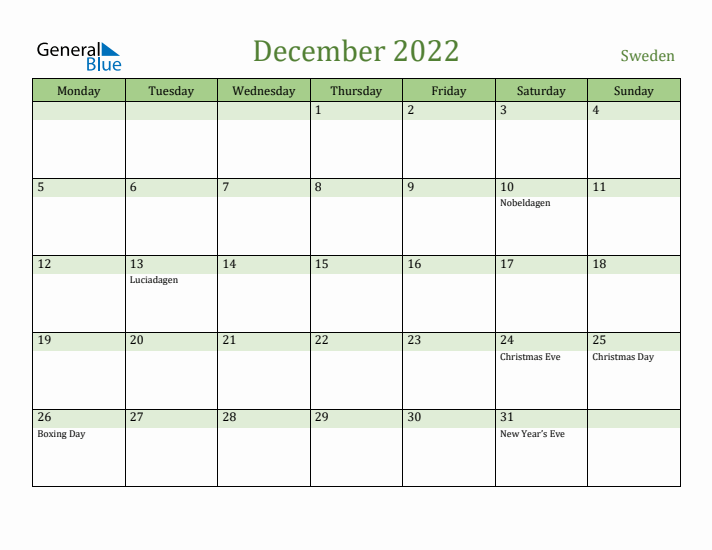 December 2022 Calendar with Sweden Holidays