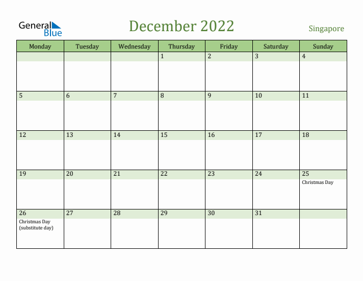 December 2022 Calendar with Singapore Holidays
