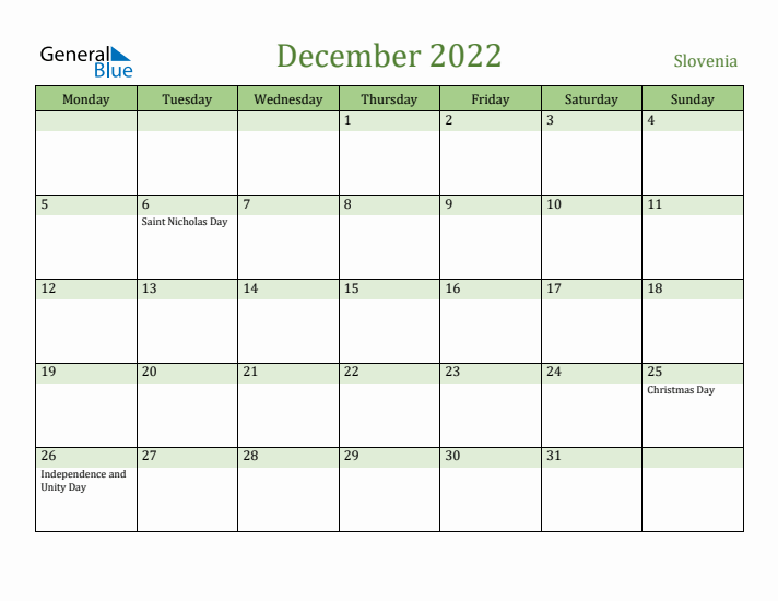 December 2022 Calendar with Slovenia Holidays