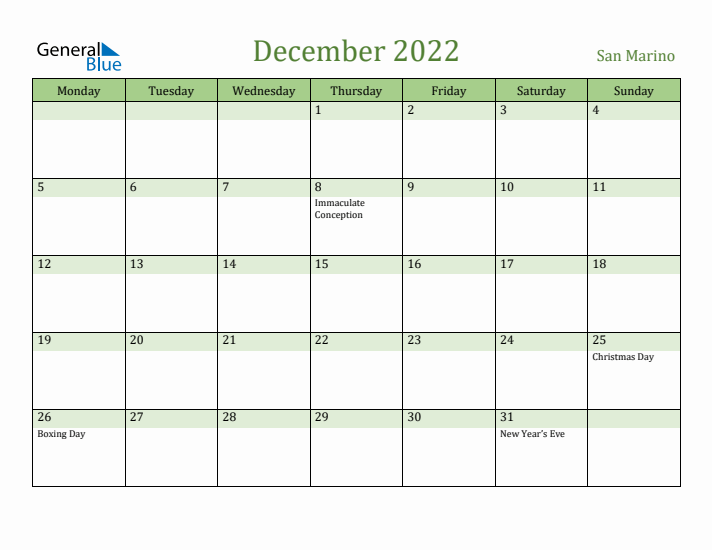 December 2022 Calendar with San Marino Holidays