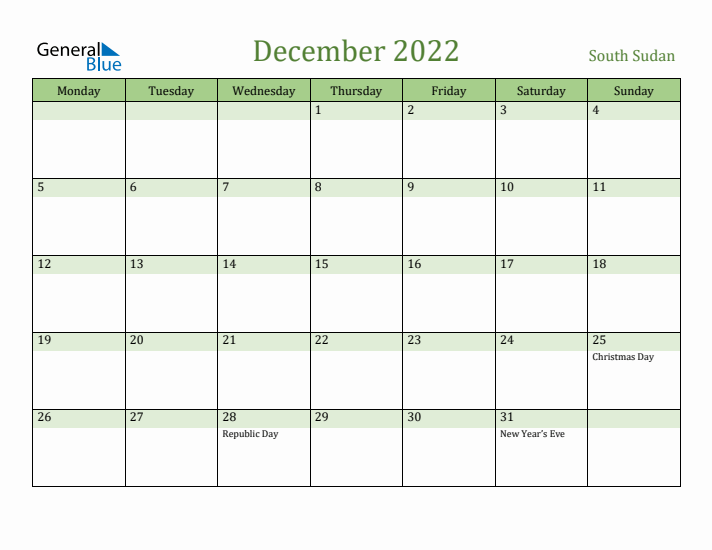 December 2022 Calendar with South Sudan Holidays