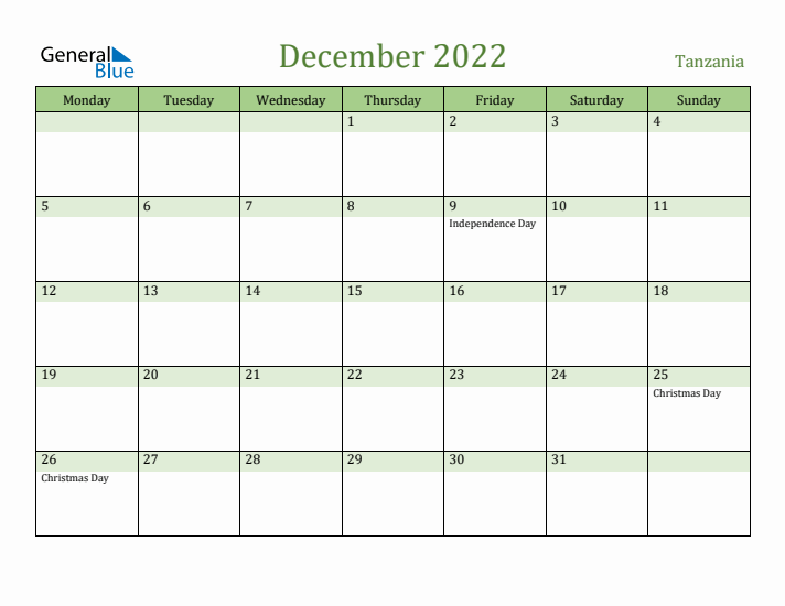 December 2022 Calendar with Tanzania Holidays