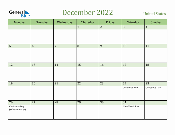 December 2022 Calendar with United States Holidays