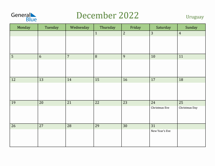 December 2022 Calendar with Uruguay Holidays