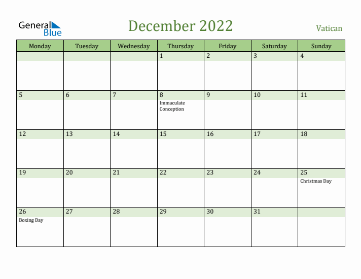 December 2022 Calendar with Vatican Holidays