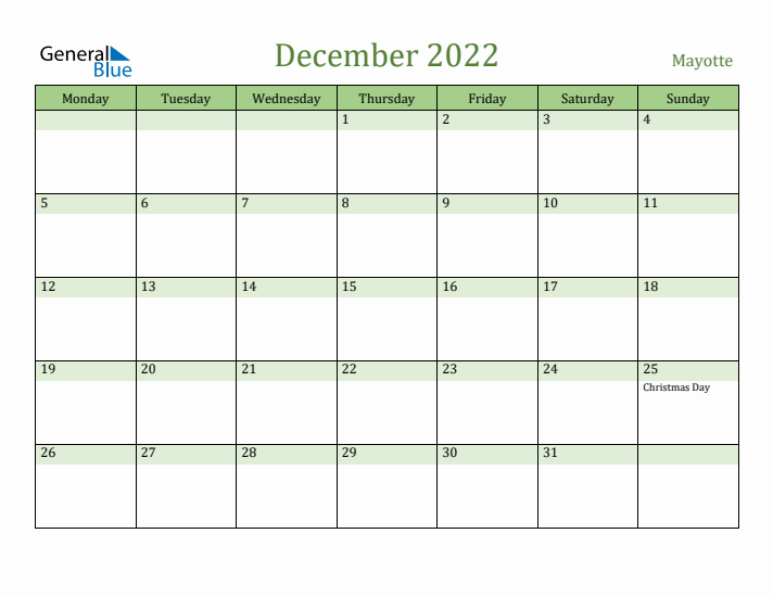 December 2022 Calendar with Mayotte Holidays