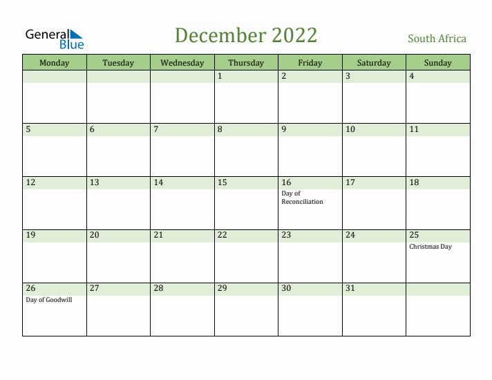 December 2022 Calendar with South Africa Holidays