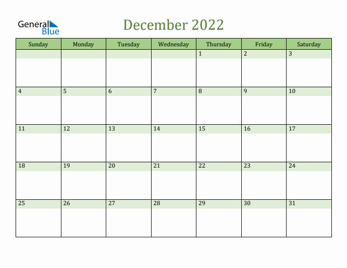December 2022 Calendar with Sunday Start