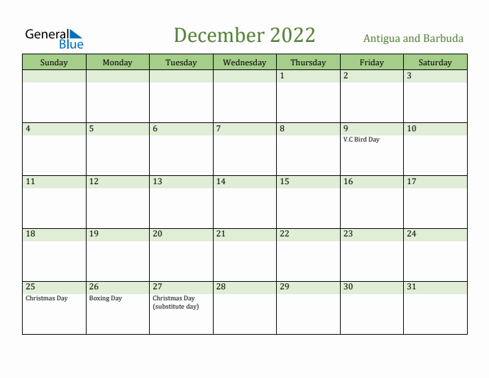 December 2022 Calendar with Antigua and Barbuda Holidays