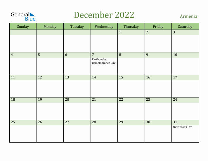 December 2022 Calendar with Armenia Holidays