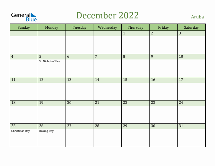 December 2022 Calendar with Aruba Holidays