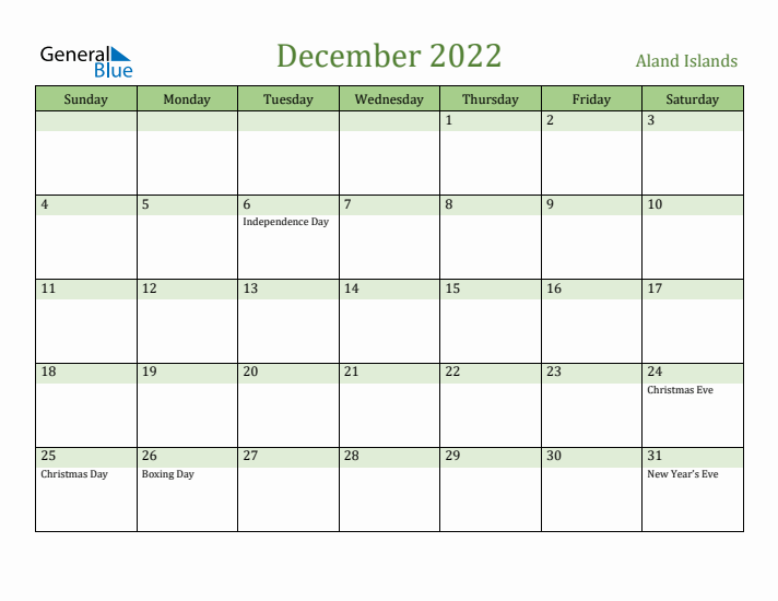 December 2022 Calendar with Aland Islands Holidays