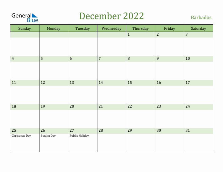 December 2022 Calendar with Barbados Holidays