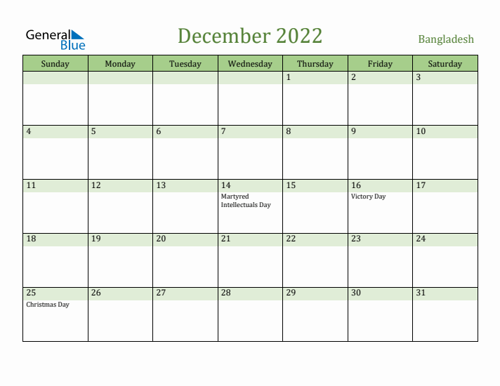 December 2022 Calendar with Bangladesh Holidays