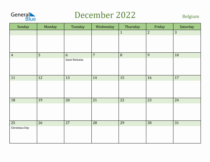December 2022 Calendar with Belgium Holidays