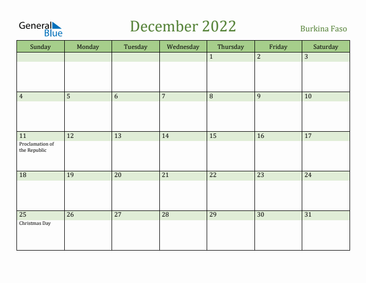 December 2022 Calendar with Burkina Faso Holidays