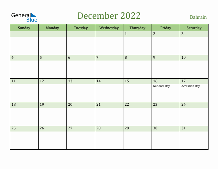 December 2022 Calendar with Bahrain Holidays