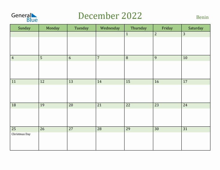 December 2022 Calendar with Benin Holidays