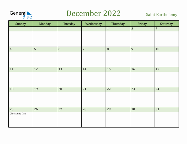 December 2022 Calendar with Saint Barthelemy Holidays