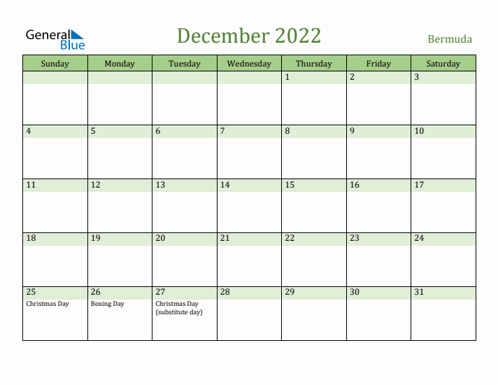 December 2022 Calendar with Bermuda Holidays