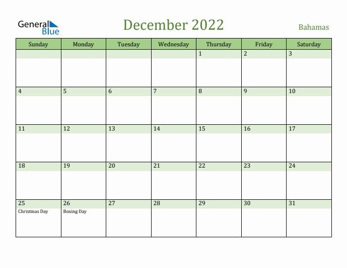 December 2022 Calendar with Bahamas Holidays