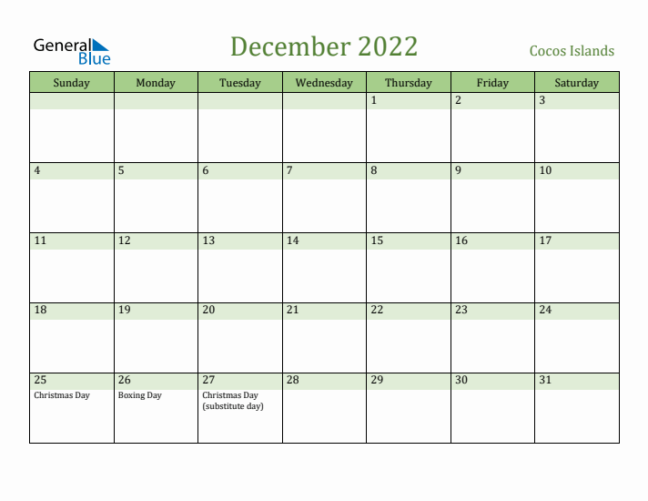 December 2022 Calendar with Cocos Islands Holidays