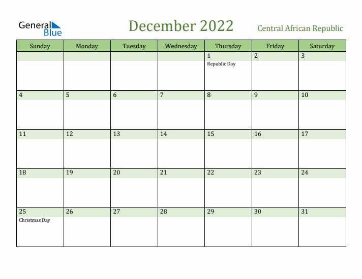 December 2022 Calendar with Central African Republic Holidays