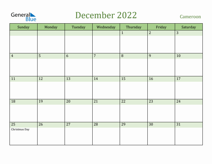 December 2022 Calendar with Cameroon Holidays