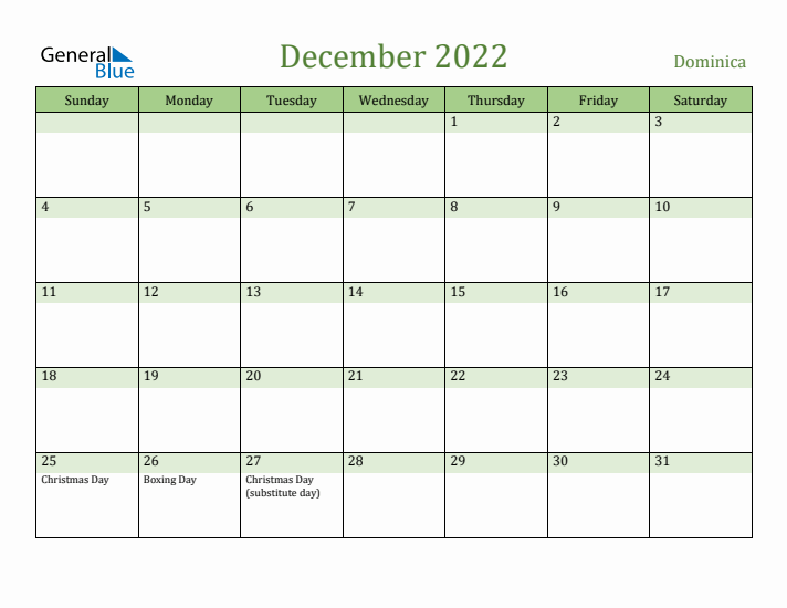 December 2022 Calendar with Dominica Holidays