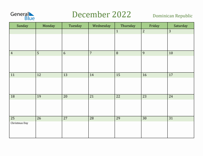 December 2022 Calendar with Dominican Republic Holidays