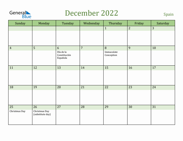 December 2022 Calendar with Spain Holidays