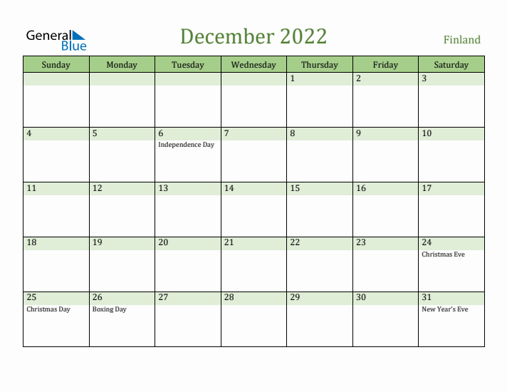 December 2022 Calendar with Finland Holidays
