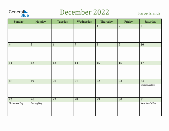 December 2022 Calendar with Faroe Islands Holidays