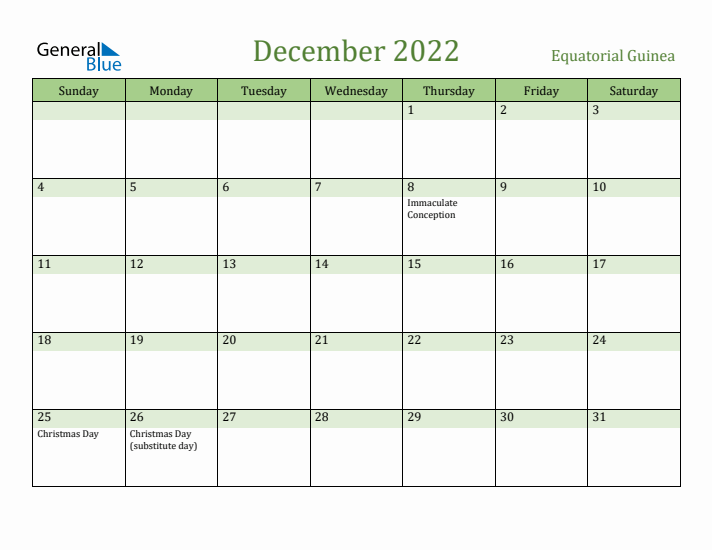 December 2022 Calendar with Equatorial Guinea Holidays
