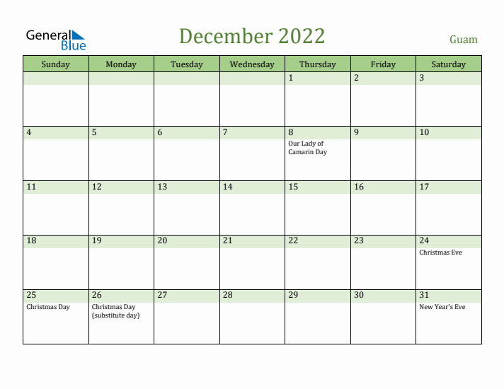December 2022 Calendar with Guam Holidays