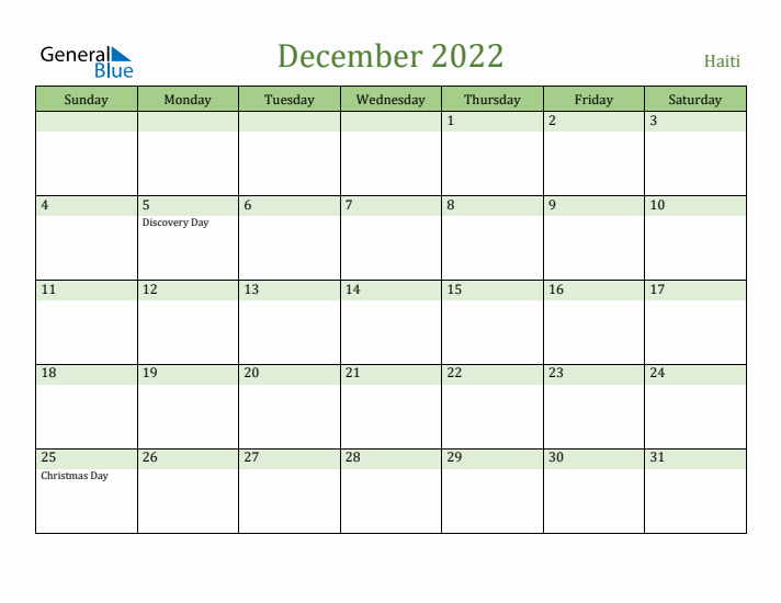 December 2022 Calendar with Haiti Holidays
