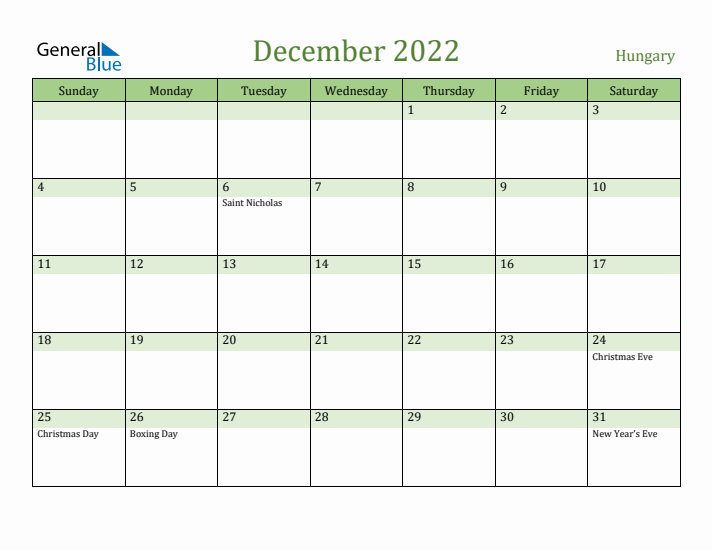 December 2022 Calendar with Hungary Holidays