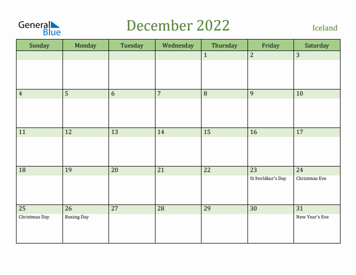 December 2022 Calendar with Iceland Holidays