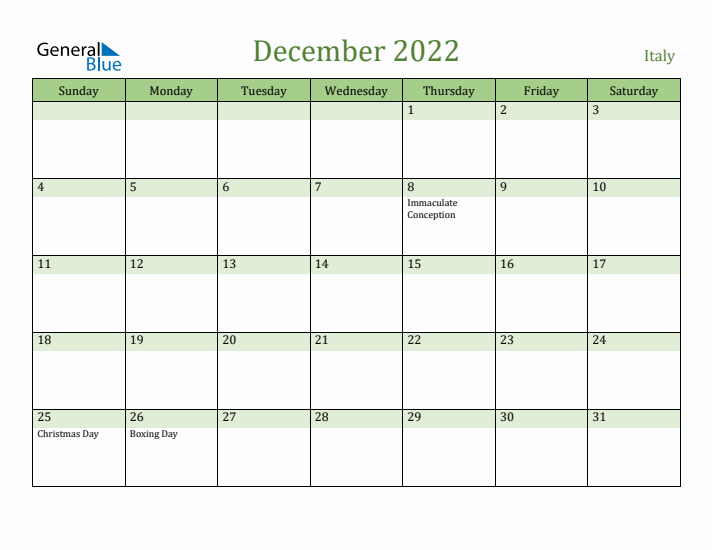 December 2022 Calendar with Italy Holidays