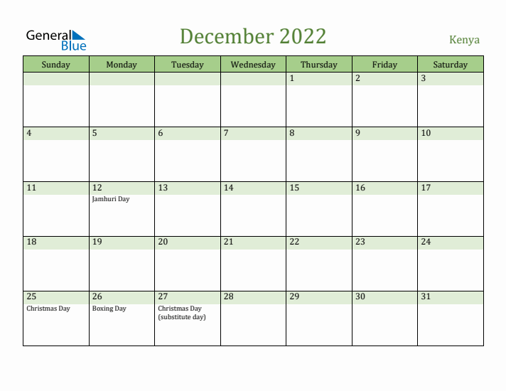 December 2022 Calendar with Kenya Holidays