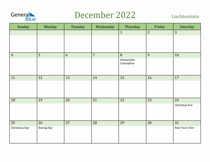 December 2022 Calendar with Liechtenstein Holidays