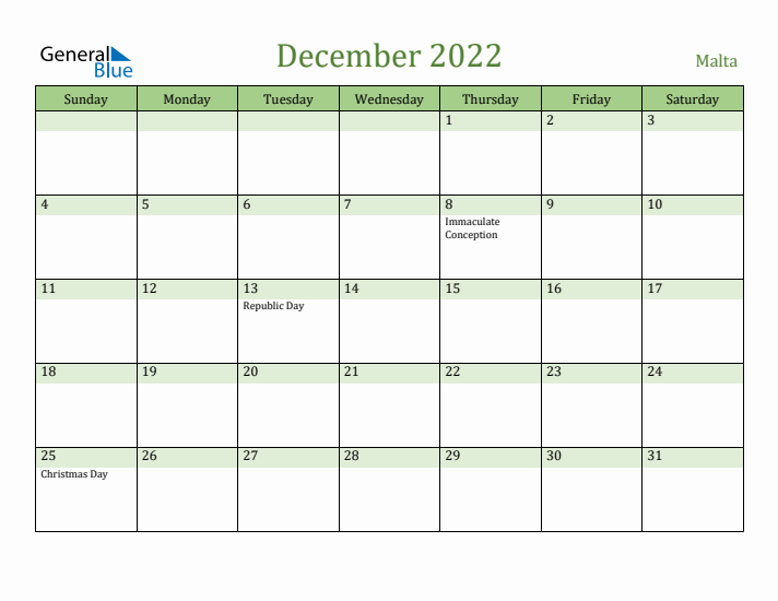 December 2022 Calendar with Malta Holidays